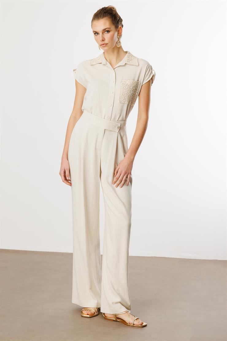 Modailgi  Arka Kemerli Lastikli Yandan Cepli Pile Detaylı Keten Palazzo Pantolon Orijinal