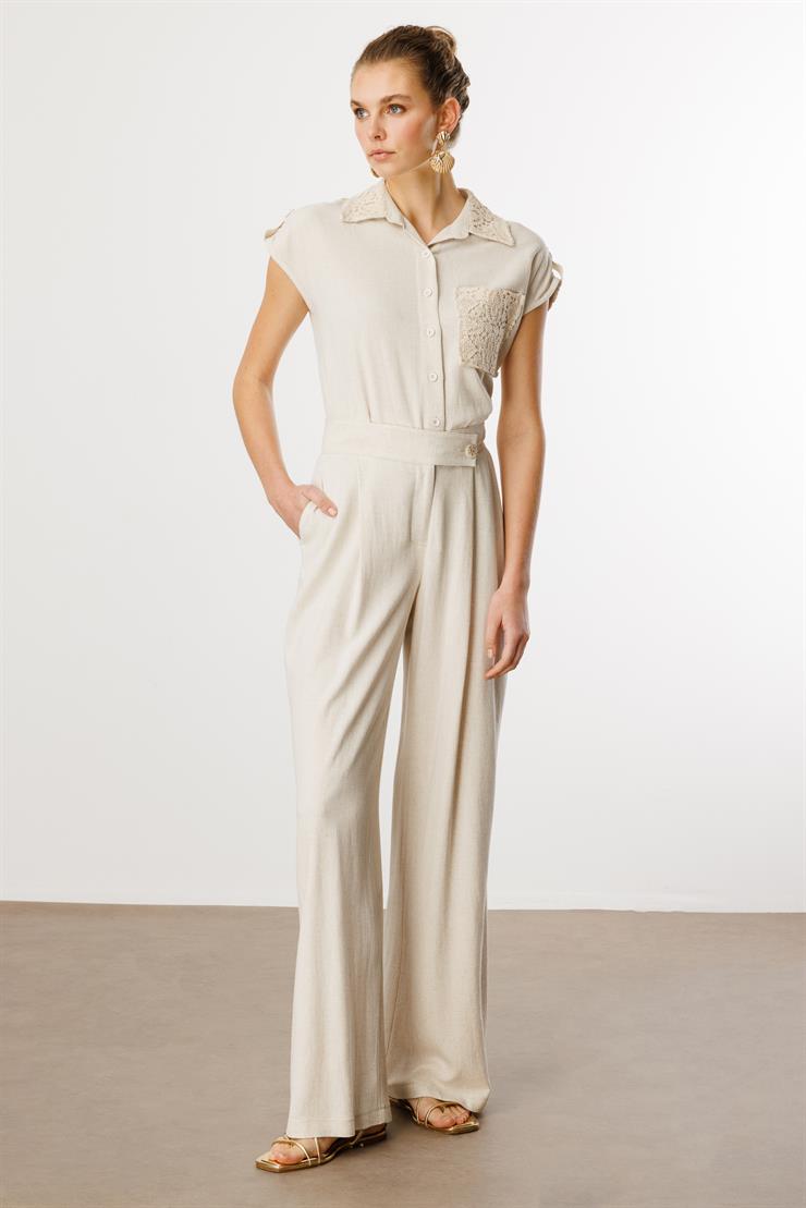 Modailgi  Arka Kemerli Lastikli Yandan Cepli Pile Detaylı Keten Palazzo Pantolon Orijinal