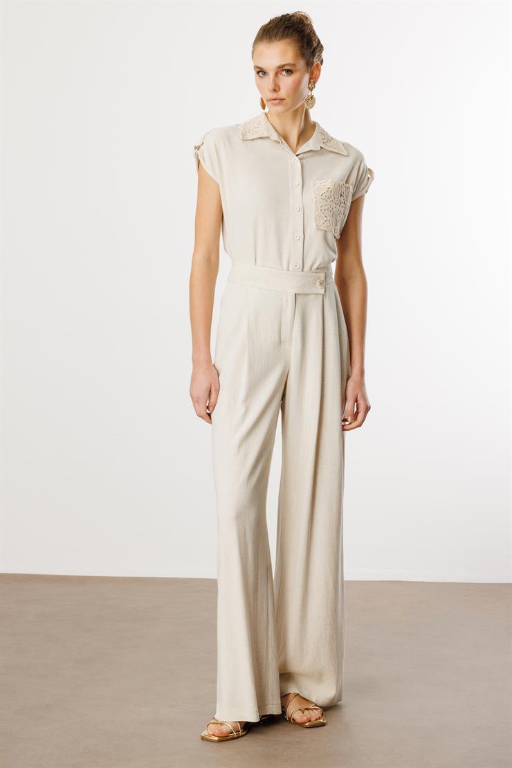 Modailgi  Arka Kemerli Lastikli Yandan Cepli Pile Detaylı Keten Palazzo Pantolon Orijinal