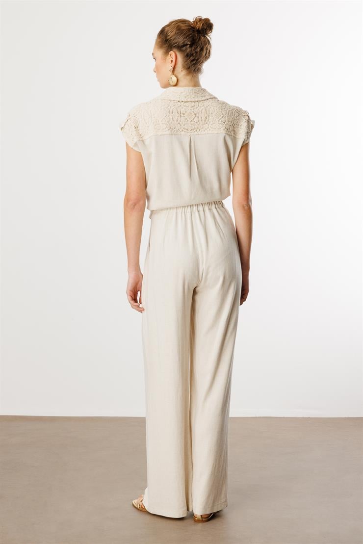 Modailgi  Arka Kemerli Lastikli Yandan Cepli Pile Detaylı Keten Palazzo Pantolon Orijinal