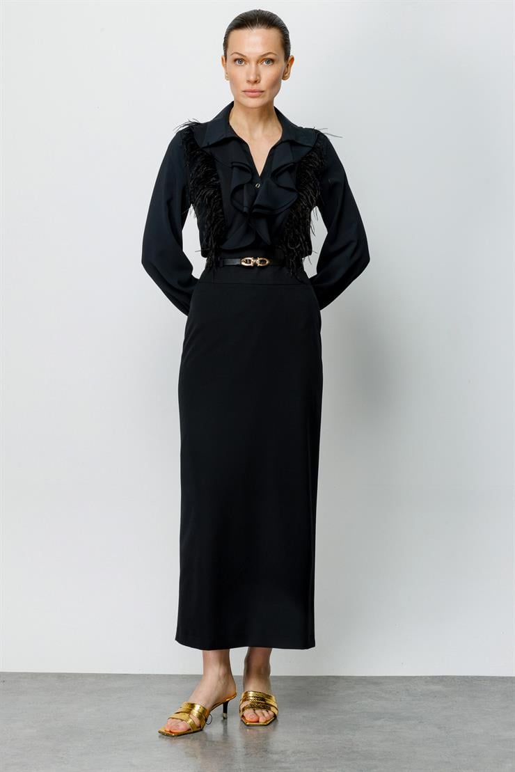 Modailgi  Arkası Pilikaşe Klasik Uzun Etek Siyah