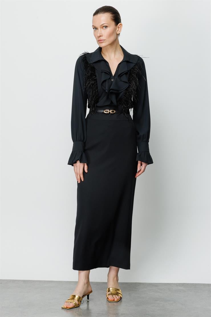 Modailgi  Arkası Pilikaşe Klasik Uzun Etek Siyah