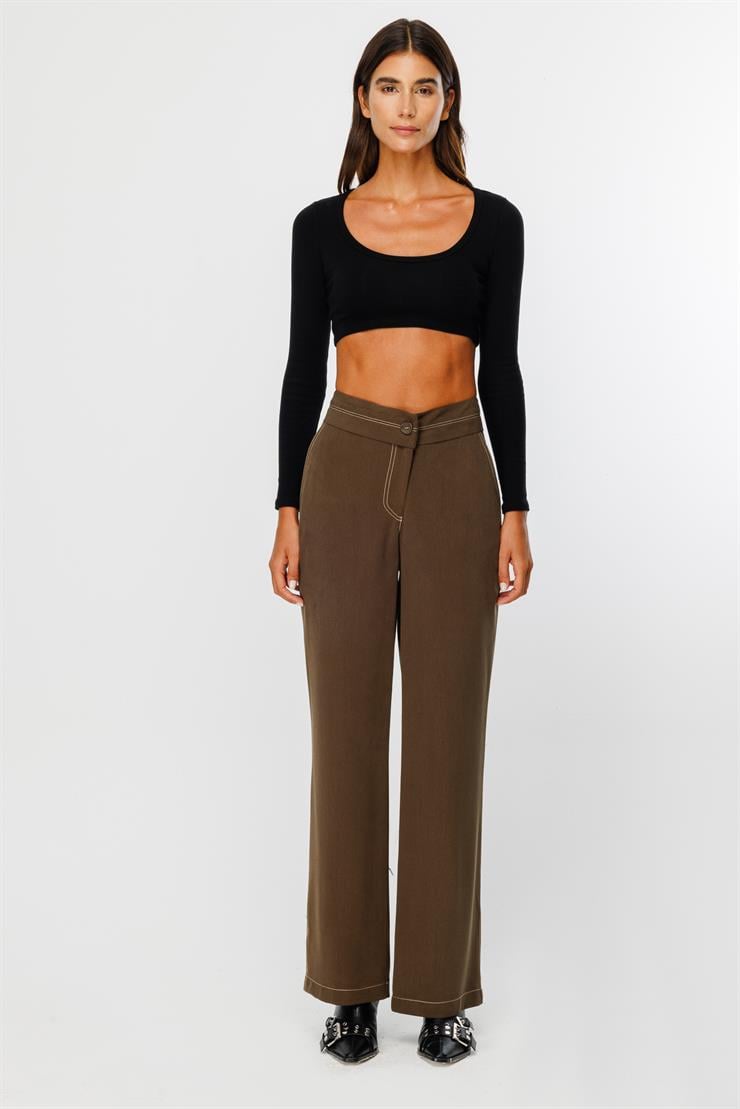 Modailgi  Asimetrik Kemer Detaylı Rahat Kesim Pantolon  - 7053,1561 Haki
