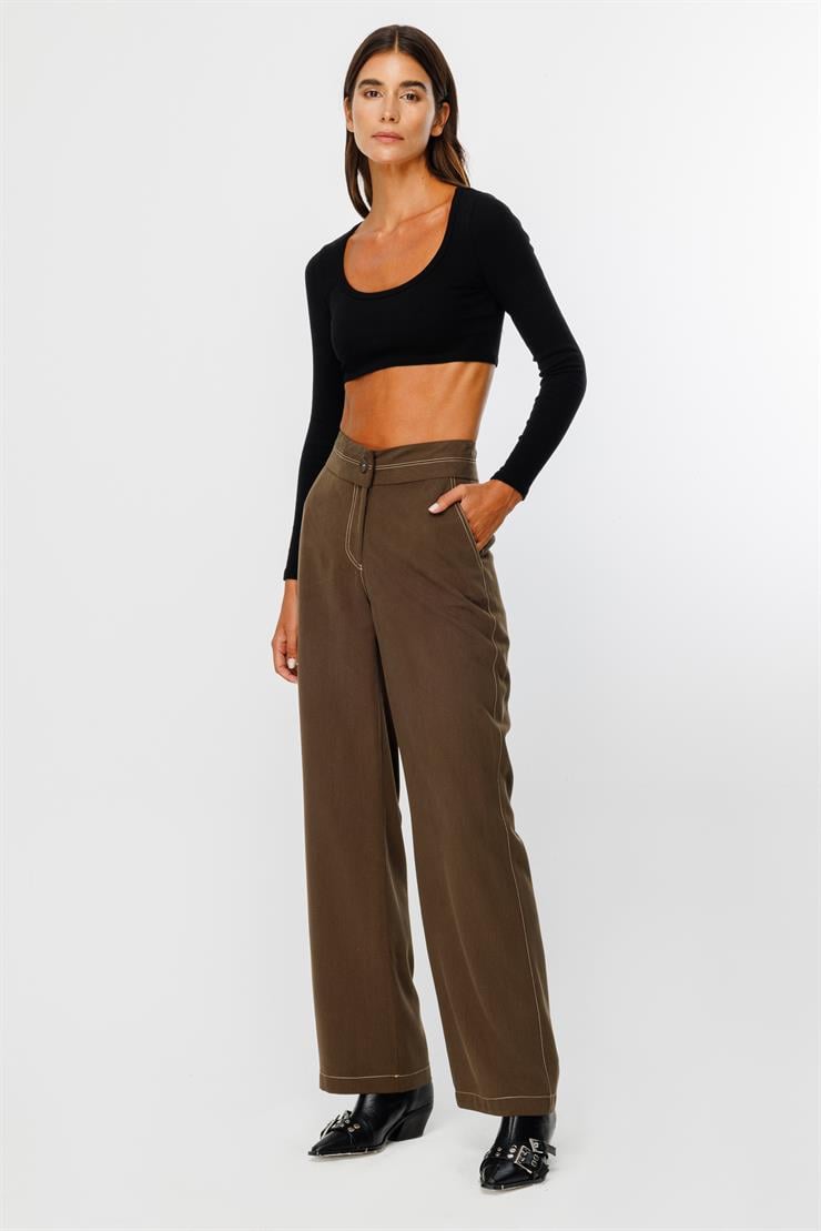 Modailgi  Asimetrik Kemer Detaylı Rahat Kesim Pantolon  - 7053,1561 Haki