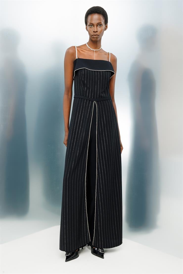 Modailgi  Askılı Taş Şeritli Simli Çizgili Tulum Siyah