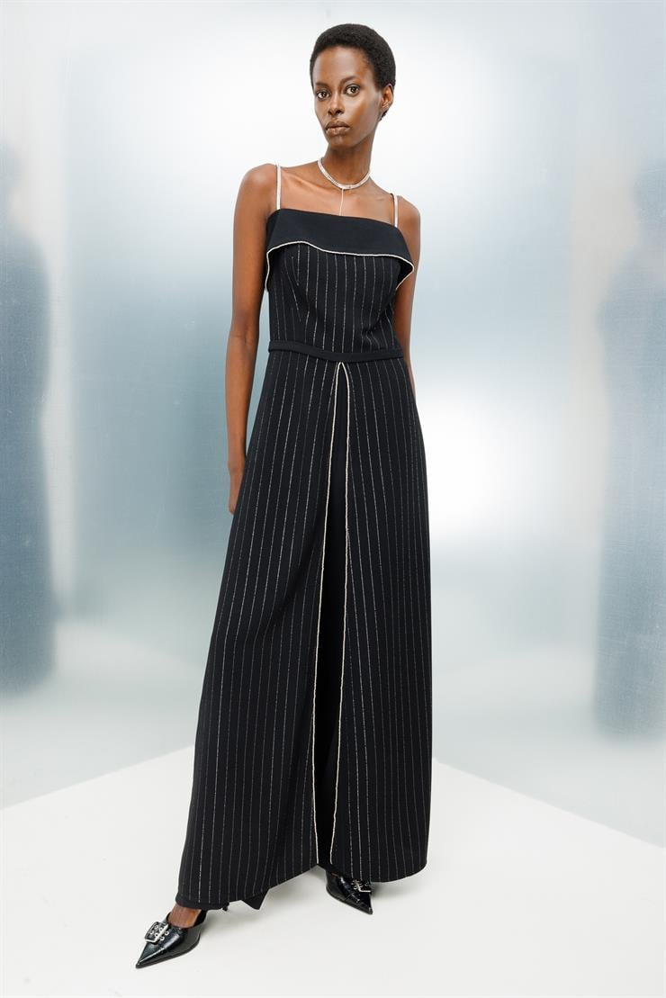 Modailgi  Askılı Taş Şeritli Simli Çizgili Tulum Siyah