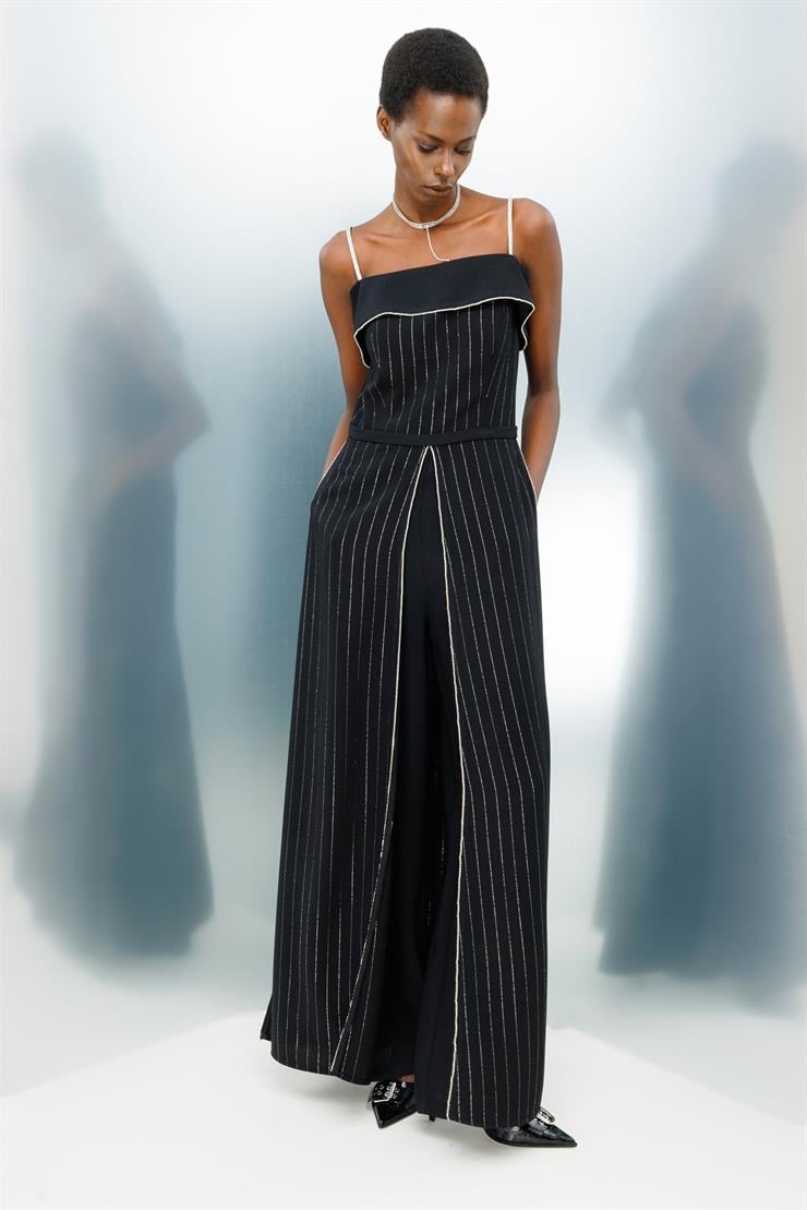 Modailgi  Askılı Taş Şeritli Simli Çizgili Tulum Siyah