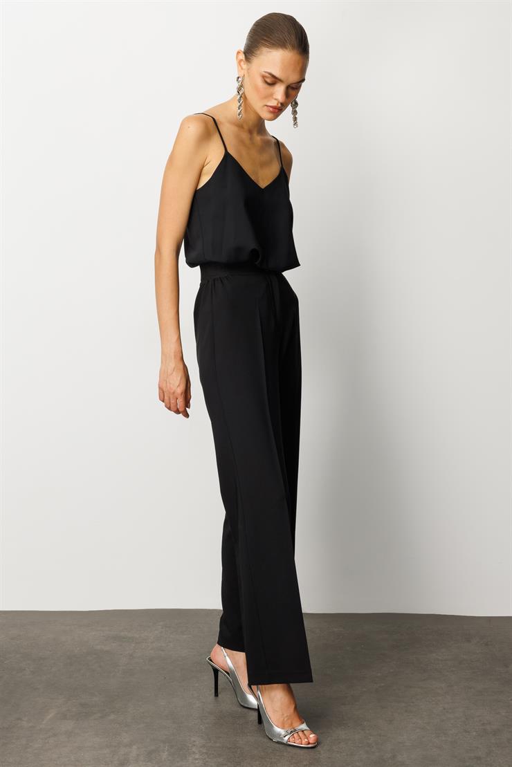 Modailgi  Bel Korsajı Lastikli Geniş Paça Pantolon Siyah