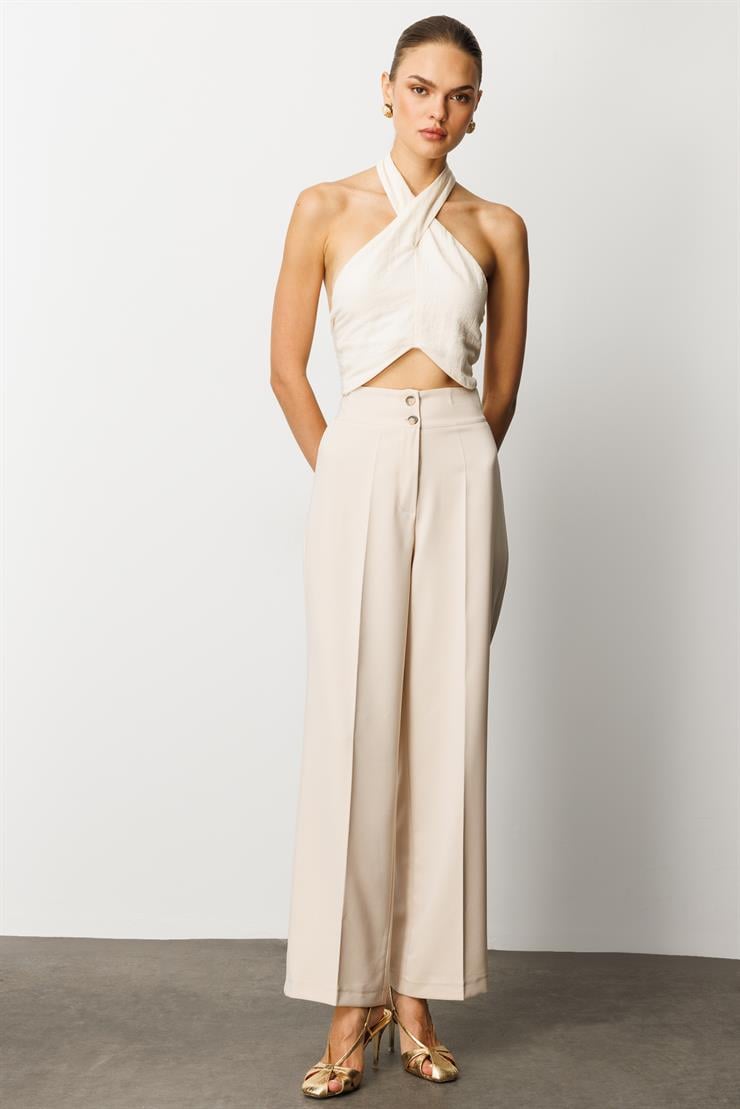 Modailgi  Bel Korsajı Lastikli Geniş Paça Pantolon Taş