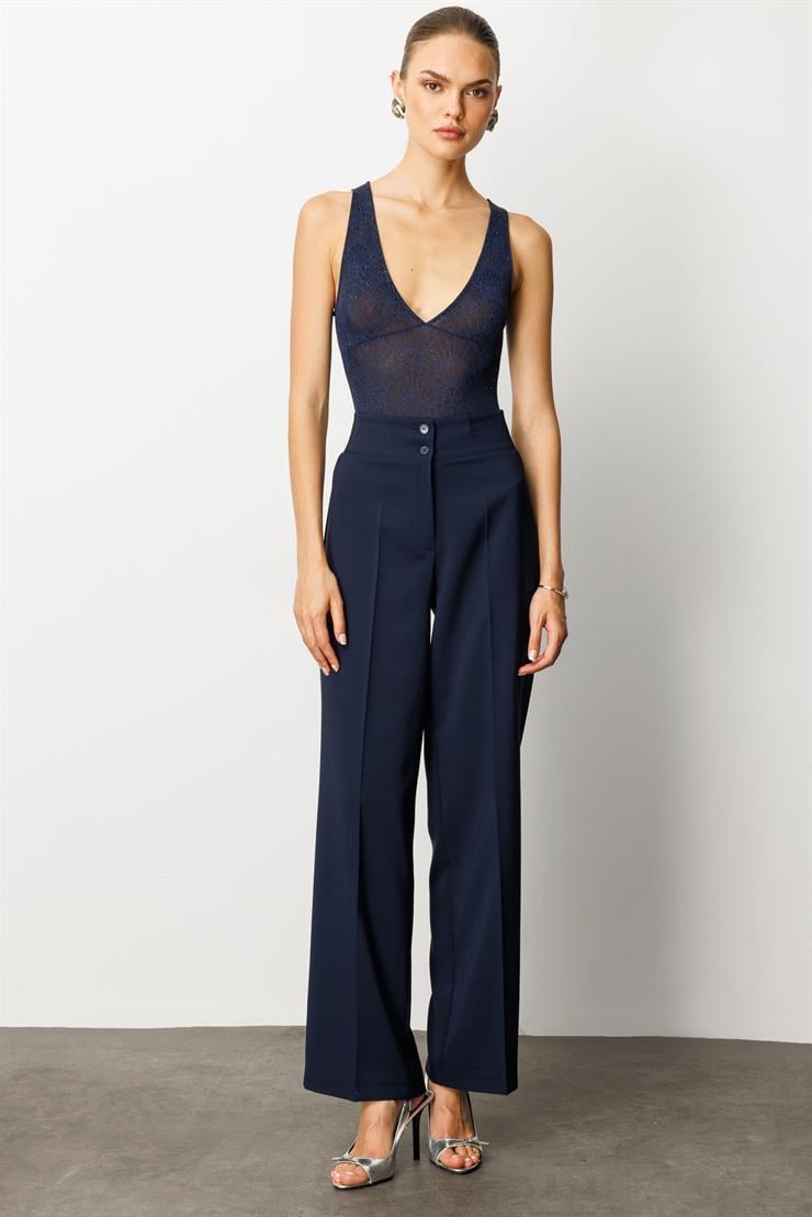 Modailgi  Bel Korsajı Lastikli Geniş Paça Pantolon Lacivert