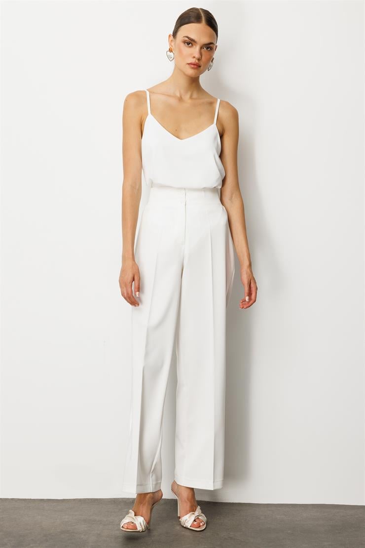 Modailgi  Bel Korsajı Lastikli Geniş Paça Pantolon Ekru