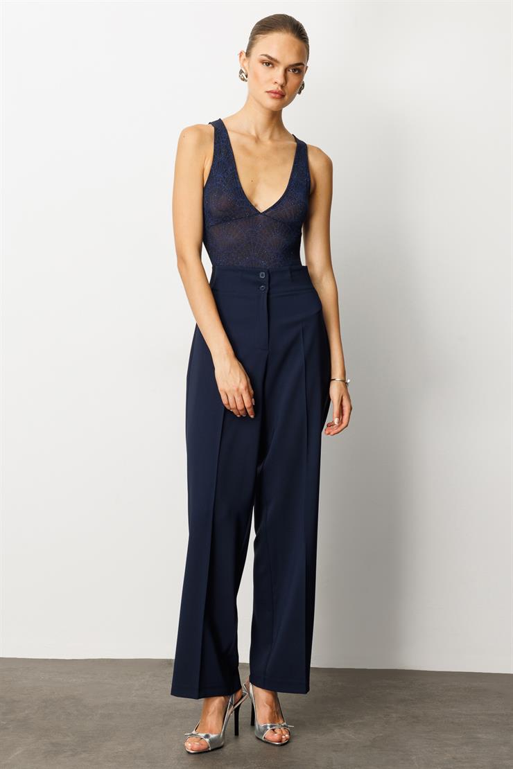 Modailgi  Bel Korsajı Lastikli Geniş Paça Pantolon Lacivert