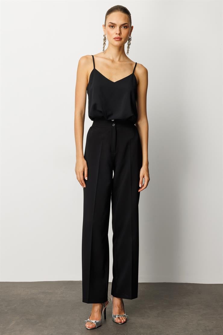 Modailgi  Bel Korsajı Lastikli Geniş Paça Pantolon Siyah