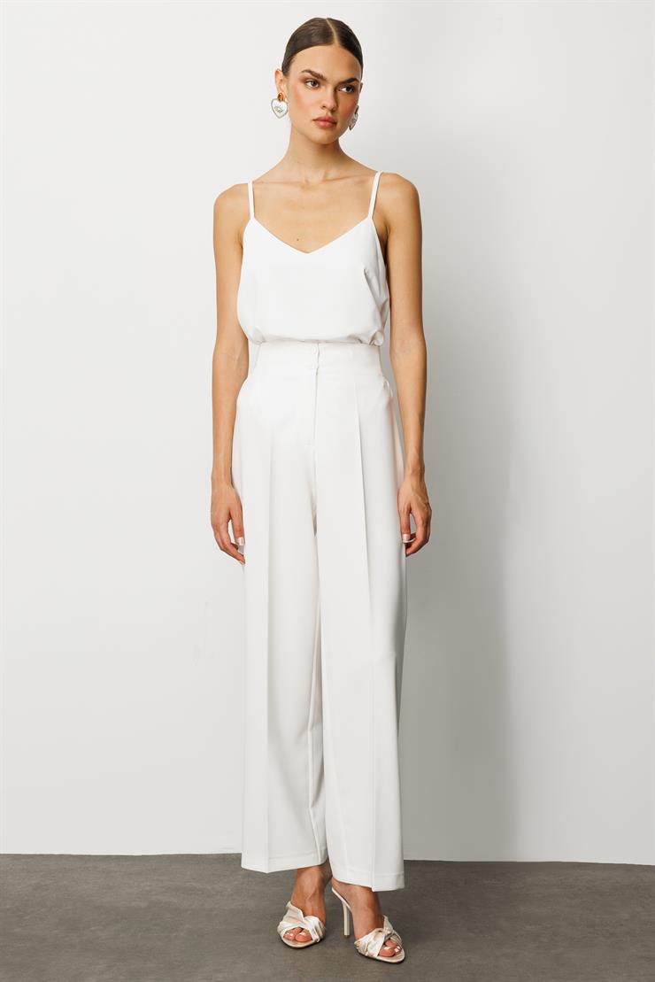 Modailgi  Bel Korsajı Lastikli Geniş Paça Pantolon Ekru