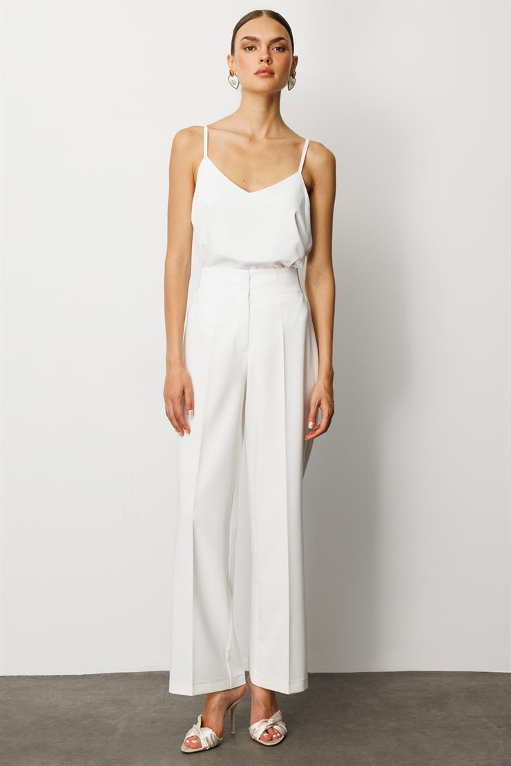 Modailgi  Bel Korsajı Lastikli Geniş Paça Pantolon Ekru