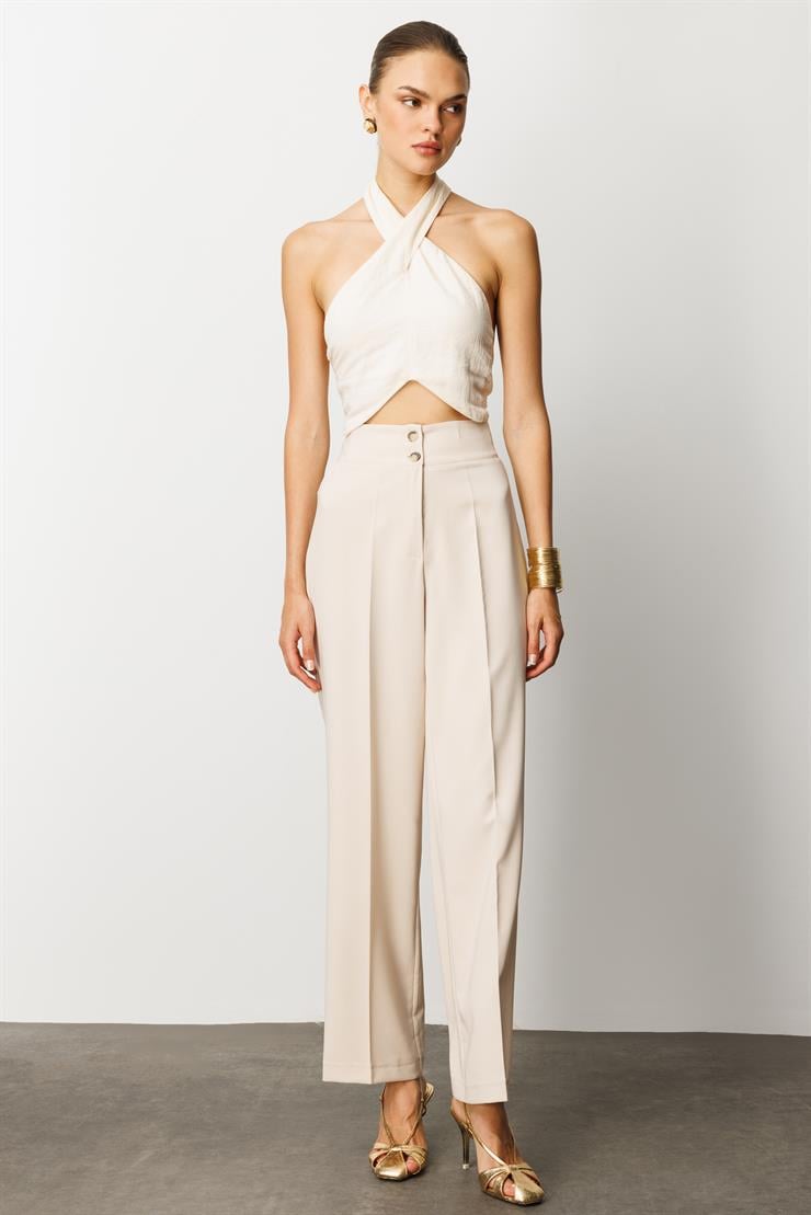 Modailgi  Bel Korsajı Lastikli Geniş Paça Pantolon Taş