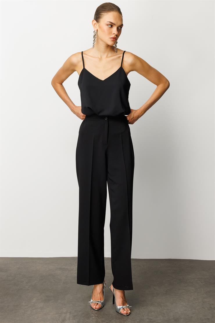 Modailgi  Bel Korsajı Lastikli Geniş Paça Pantolon Siyah