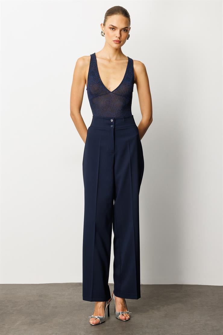 Modailgi  Bel Korsajı Lastikli Geniş Paça Pantolon Lacivert