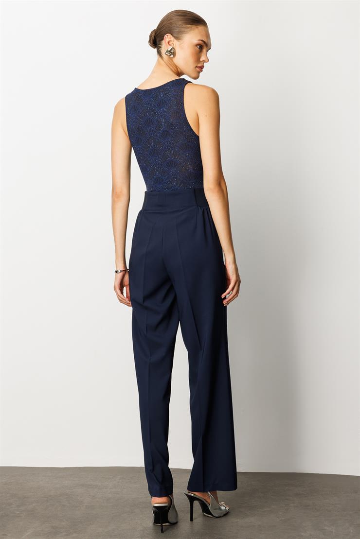 Modailgi  Bel Korsajı Lastikli Geniş Paça Pantolon Lacivert