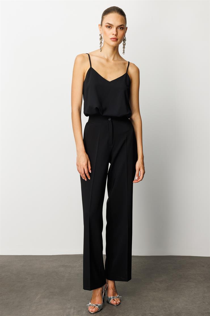 Modailgi  Bel Korsajı Lastikli Geniş Paça Pantolon Siyah