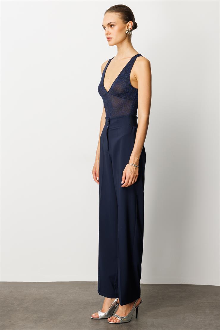 Modailgi  Bel Korsajı Lastikli Geniş Paça Pantolon Lacivert