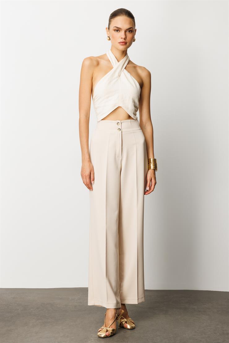 Modailgi  Bel Korsajı Lastikli Geniş Paça Pantolon Taş