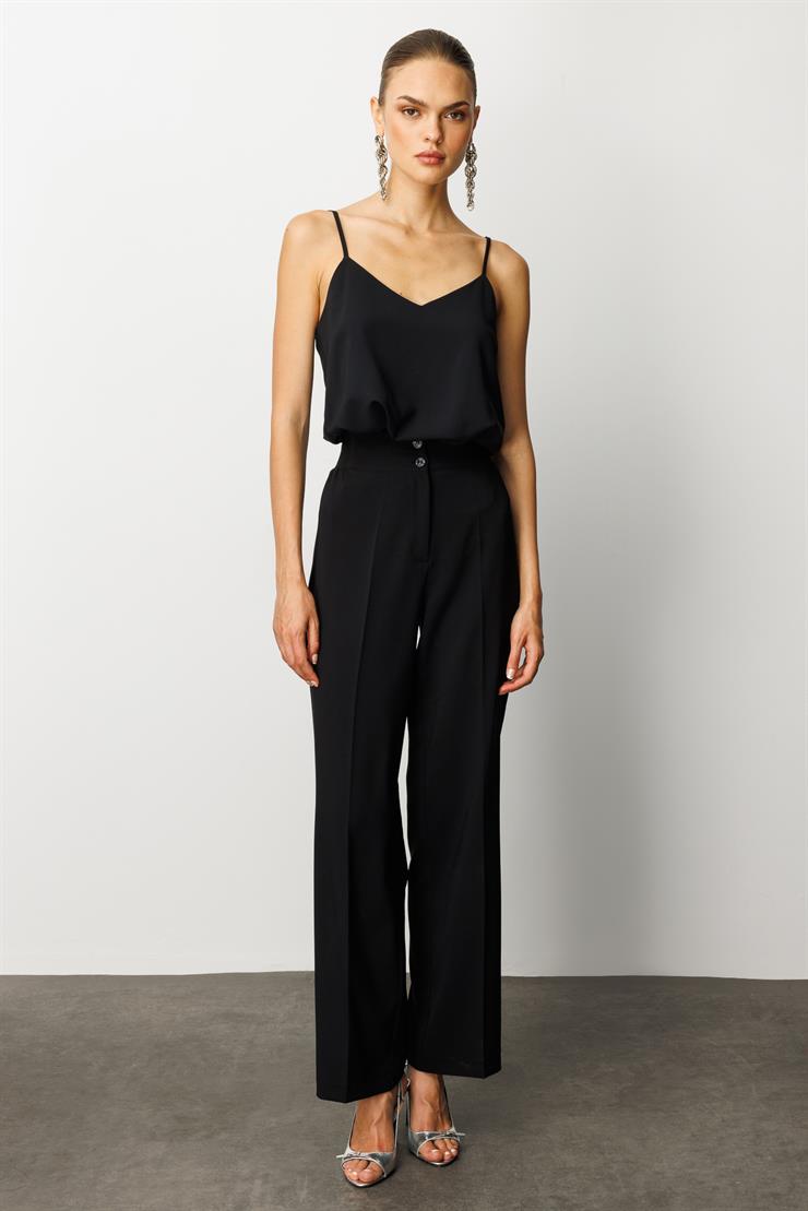 Modailgi  Bel Korsajı Lastikli Geniş Paça Pantolon Siyah