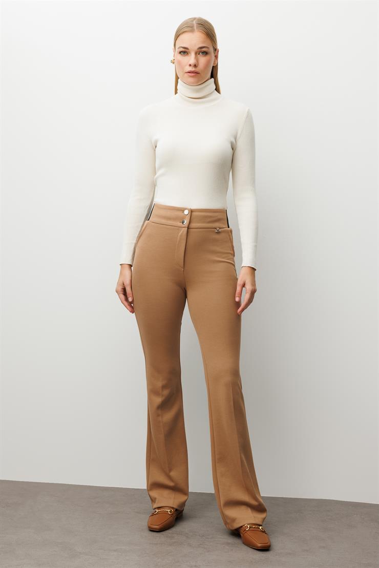 Modailgi  Bel Korsajı Lastikli İspanyol Paça Pantolon Camel