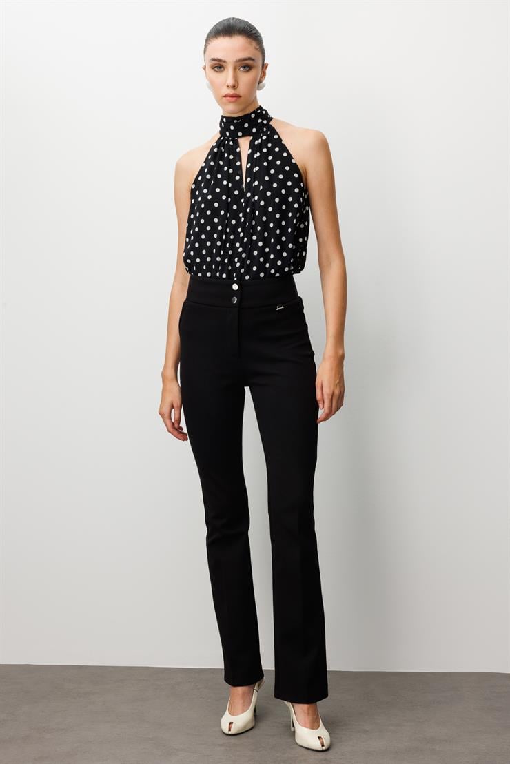 Modailgi  Bel Korsajı Lastikli İspanyol Paça Pantolon Siyah