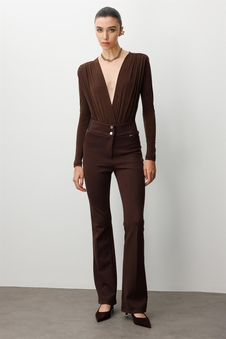 Modailgi  Bel Korsajı Lastikli İspanyol Paça Pantolon Kahve