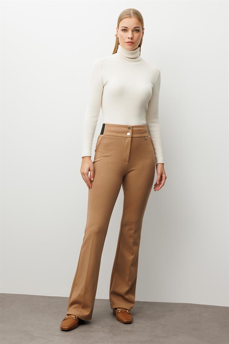 Modailgi  Bel Korsajı Lastikli İspanyol Paça Pantolon Camel