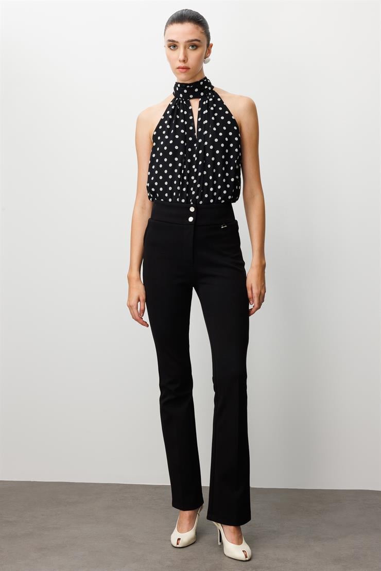 Modailgi  Bel Korsajı Lastikli İspanyol Paça Pantolon Siyah