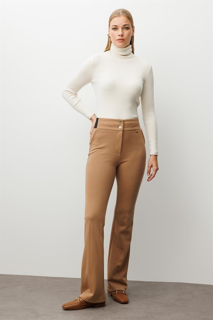 Modailgi  Bel Korsajı Lastikli İspanyol Paça Pantolon Camel