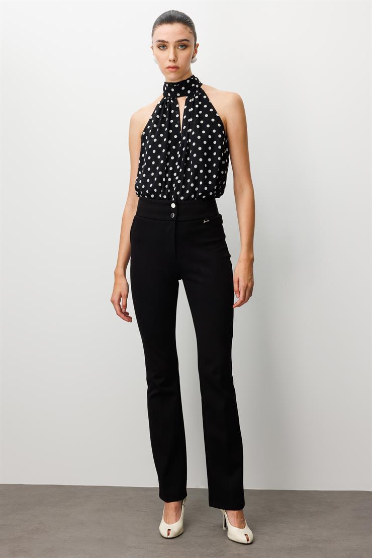 Modailgi  Bel Korsajı Lastikli İspanyol Paça Pantolon Siyah