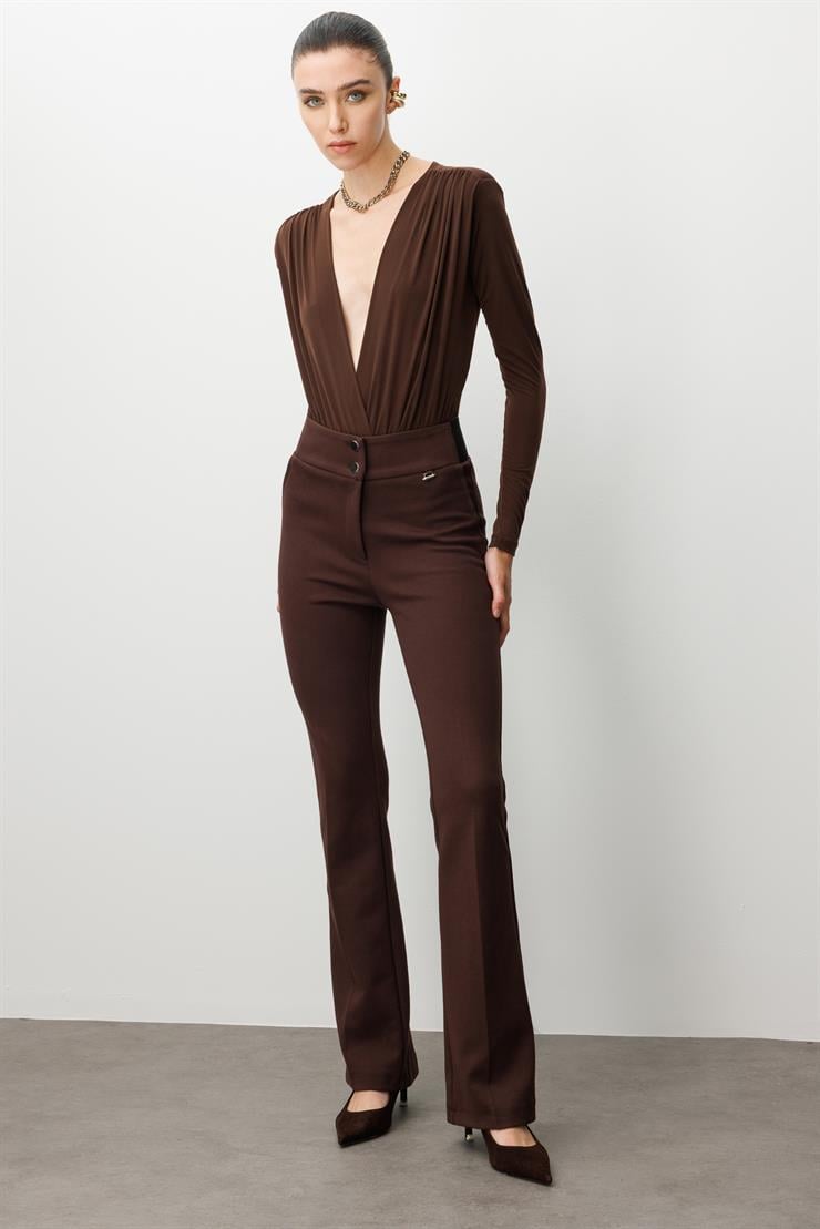 Modailgi  Bel Korsajı Lastikli İspanyol Paça Pantolon Kahve