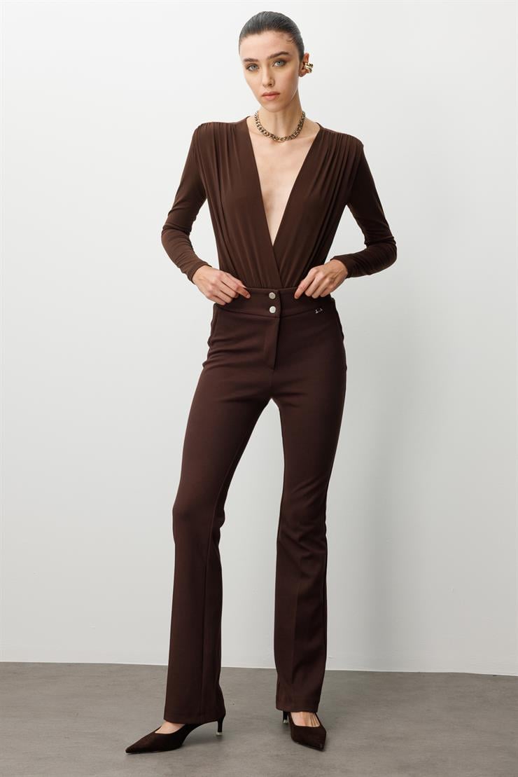 Modailgi  Bel Korsajı Lastikli İspanyol Paça Pantolon Kahve