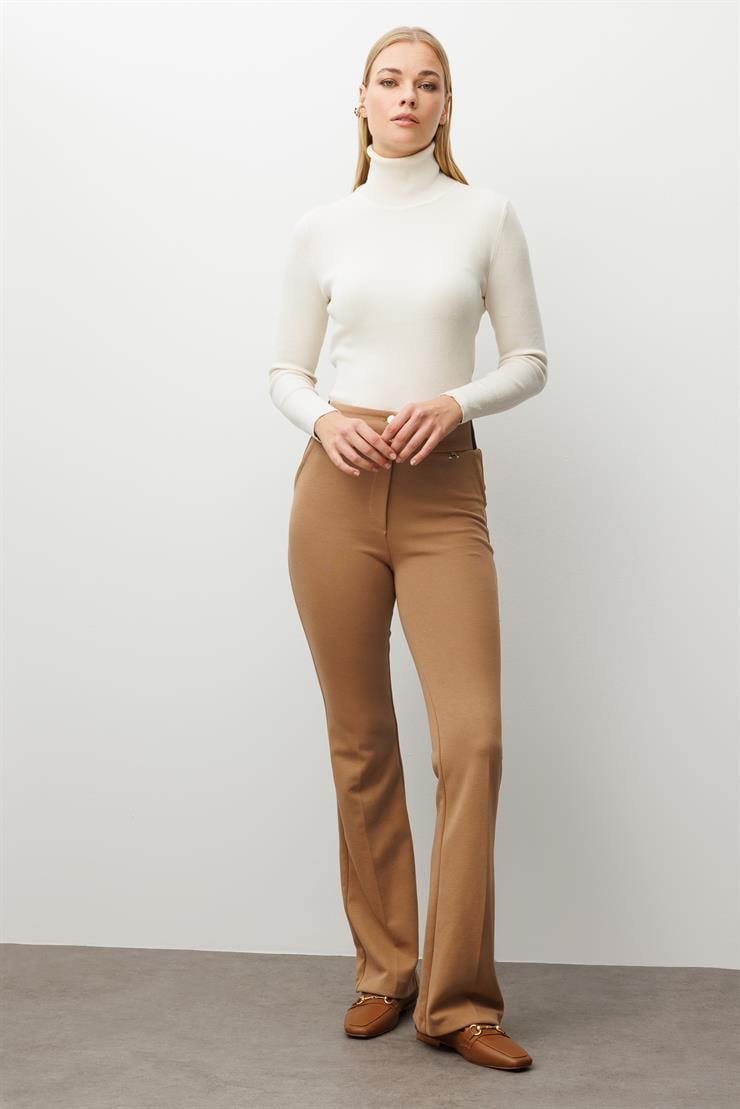 Modailgi  Bel Korsajı Lastikli İspanyol Paça Pantolon Camel