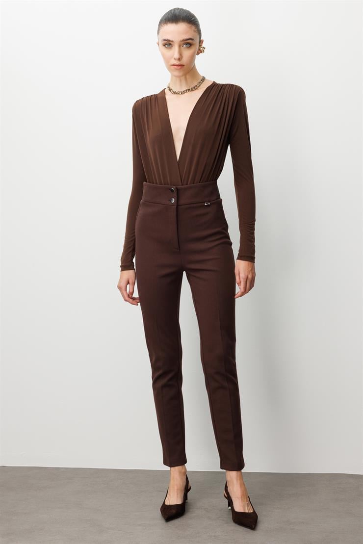 Modailgi  Bel Korsajı Lastikli Pantolon Kahve