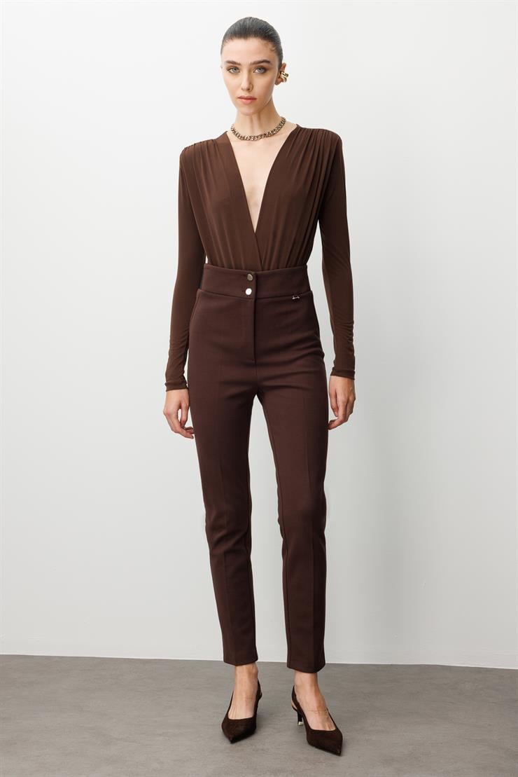 Modailgi  Bel Korsajı Lastikli Pantolon Kahve