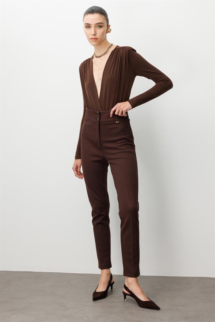 Modailgi  Bel Korsajı Lastikli Pantolon Kahve