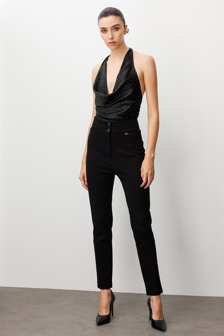 Modailgi  Bel Korsajı Lastikli Pantolon Siyah