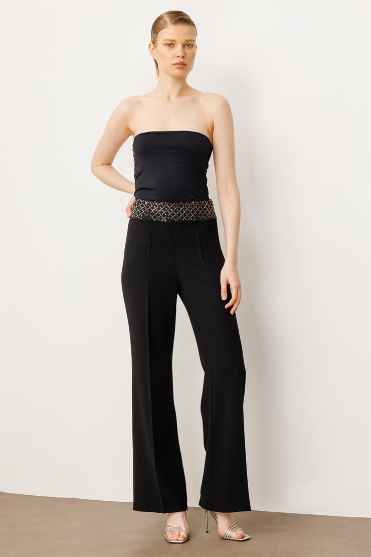 Modailgi  Bel Korsajı Taş Aksesuarlı Pantolon - 70053 Siyah