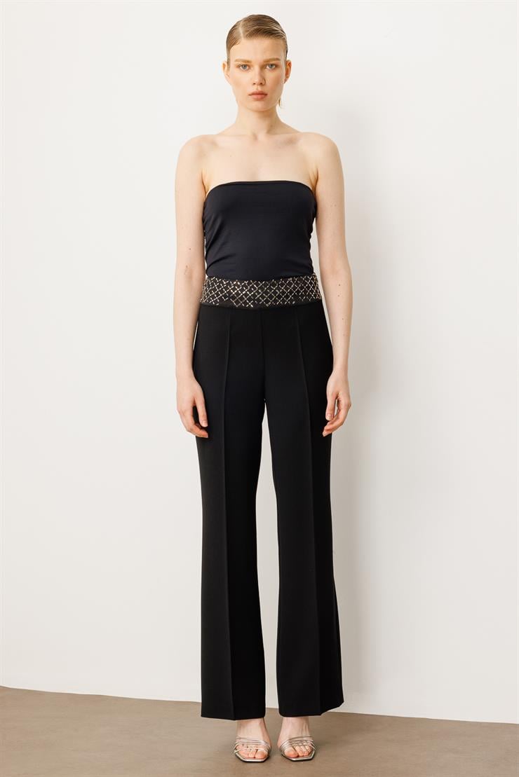 Modailgi  Bel Korsajı Taş Aksesuarlı Pantolon - 70053 Siyah