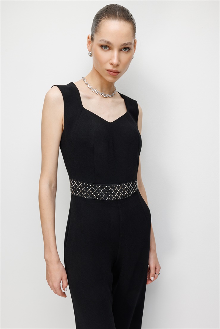 Modailgi  Bel Korsajı Taşlı Tulum Siyah