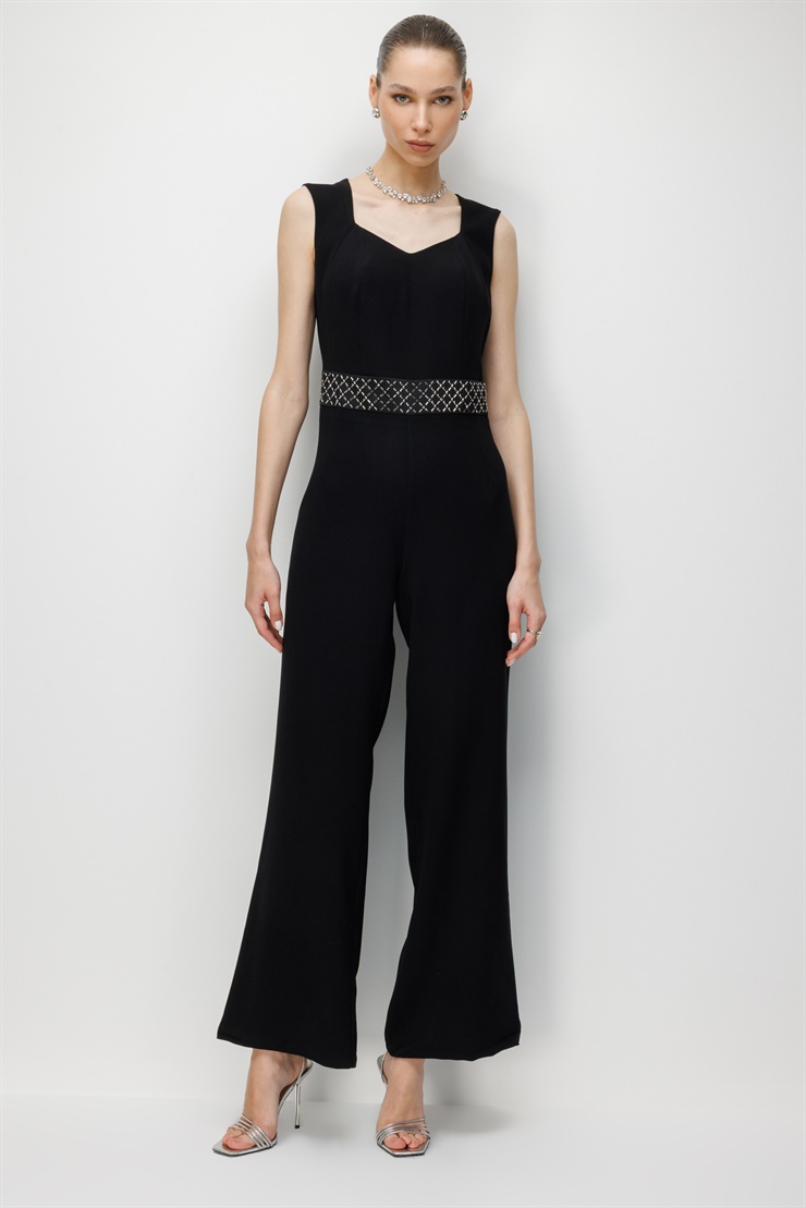 Modailgi  Bel Korsajı Taşlı Tulum Siyah