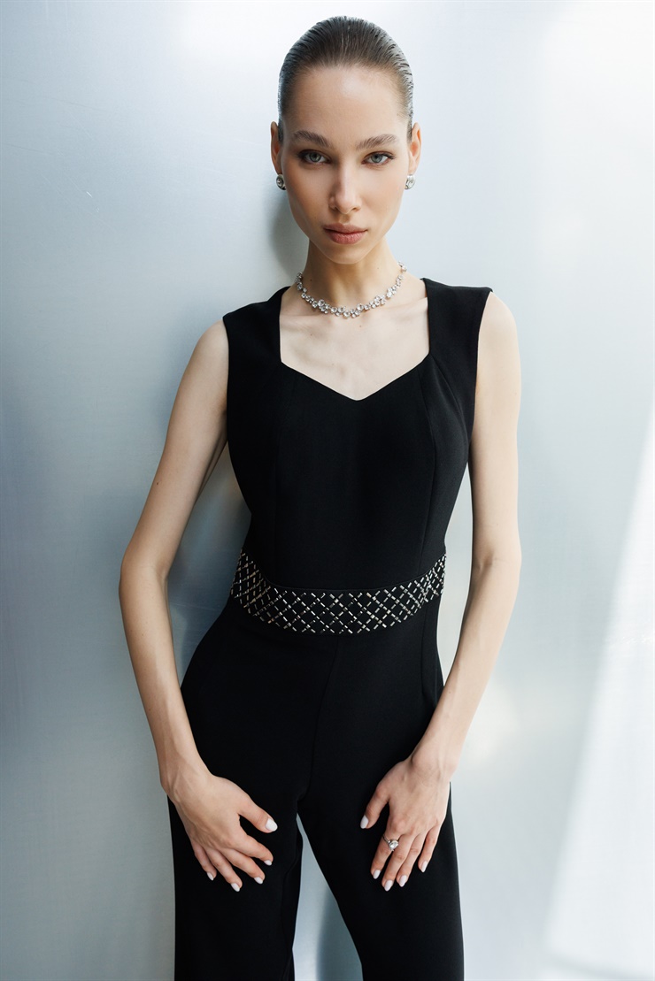 Modailgi  Bel Korsajı Taşlı Tulum Siyah