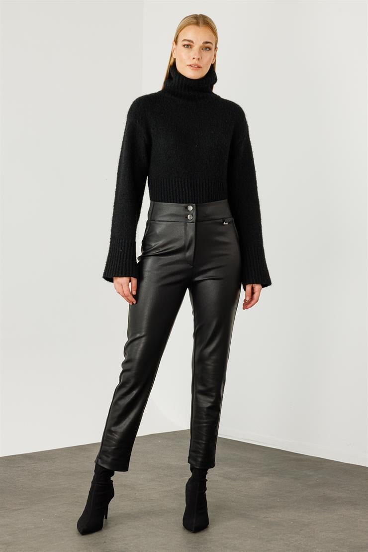 Modailgi  Bel Korsajı Yarım Lastikli Deri Pantolon Siyah