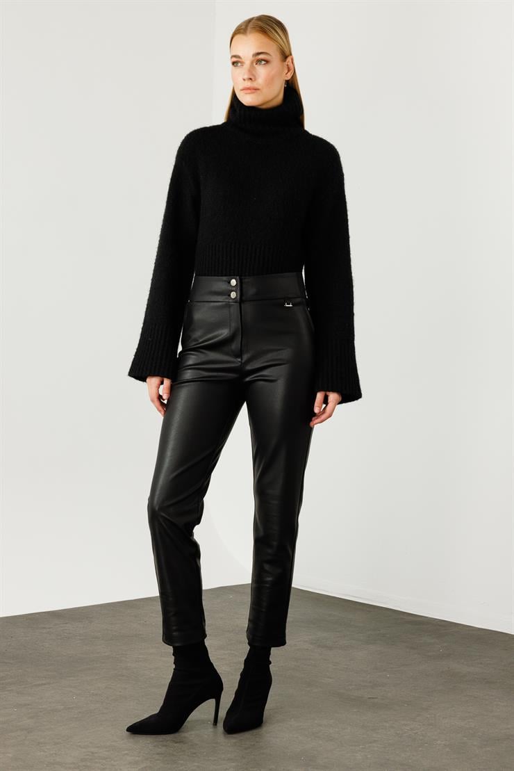 Modailgi  Bel Korsajı Yarım Lastikli Deri Pantolon Siyah