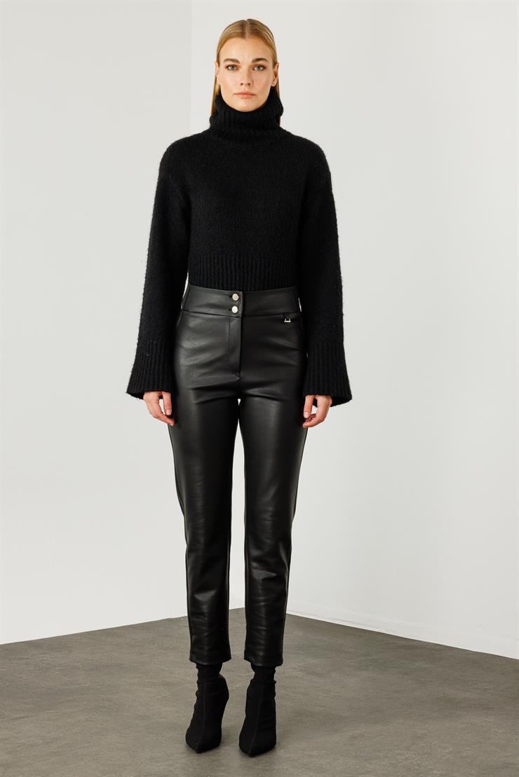 Modailgi  Bel Korsajı Yarım Lastikli Deri Pantolon Siyah