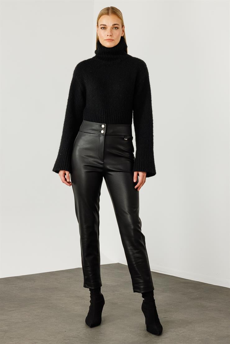 Modailgi  Bel Korsajı Yarım Lastikli Deri Pantolon Siyah